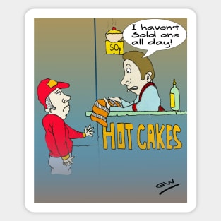 Funny Hot Cakes Seller Cartoon. Sticker